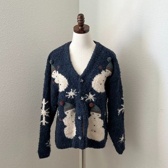 Belle‎ Point Snowman Chunky Knit Cardigan Sweater Granny Core 90's Vtg Sz Large - Picture 1 of 12